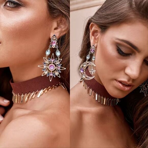 🔅🆕🔅 🌙 💜 Elegant Crystal Sun Moon Drop Long Earrings ☀️🌙✨ - Picture 1 of 12